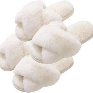 Women's Fuzzy Slippers Memory Foam Open Toe Indoor Outdoor Shoes 2 Pairs